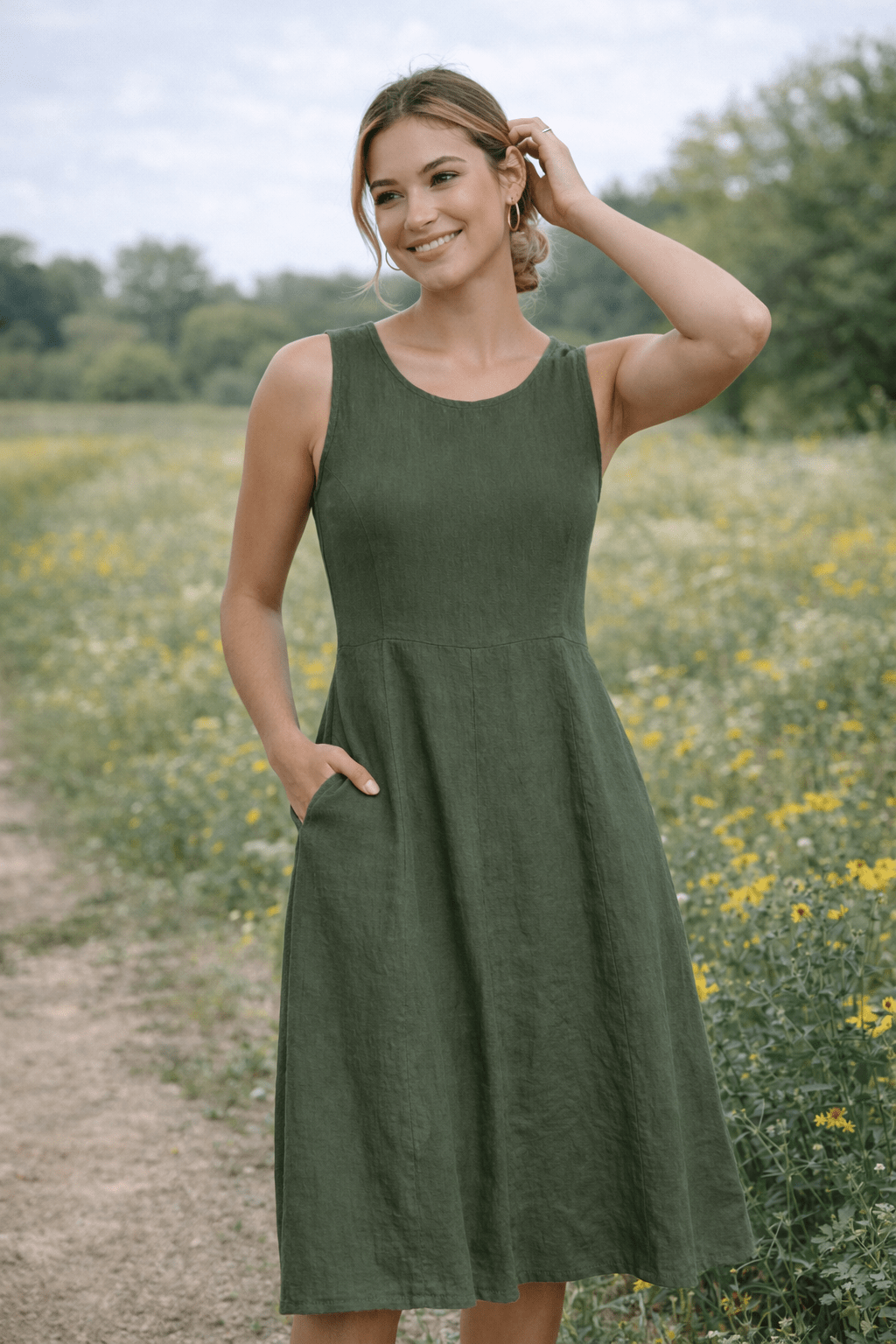 Sleeveless Linen Midi Dress with Pockets - Must Boutique