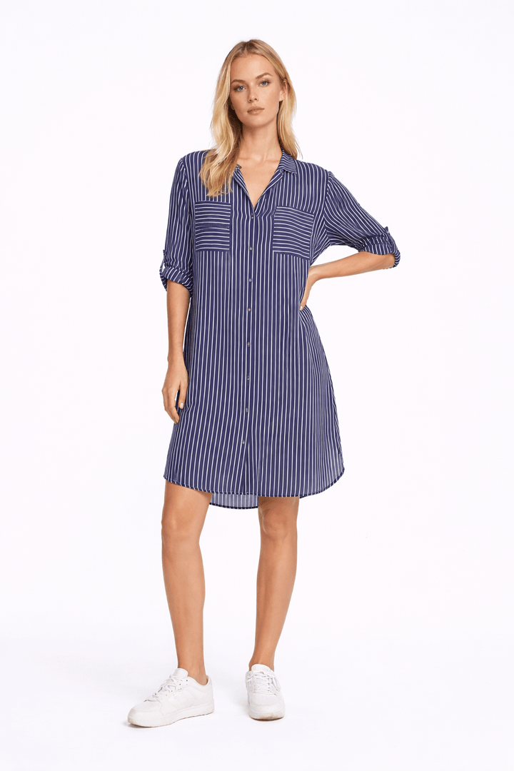 Navy Striped Shirt Dress - Chic Wardrobe Essential - Must Boutique