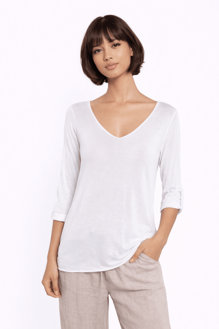 White Stylish V-Neck Top with 3/4 Sleeves - Must Boutique