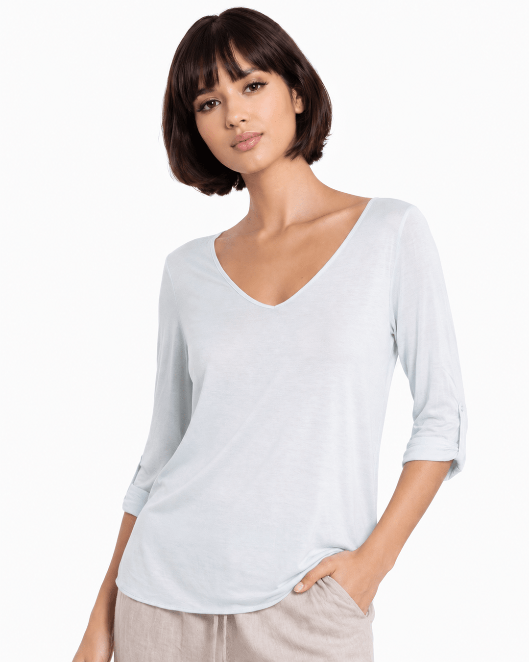 Light Blue Stylish V-Neck Top with 3/4 Sleeves - Must Boutique