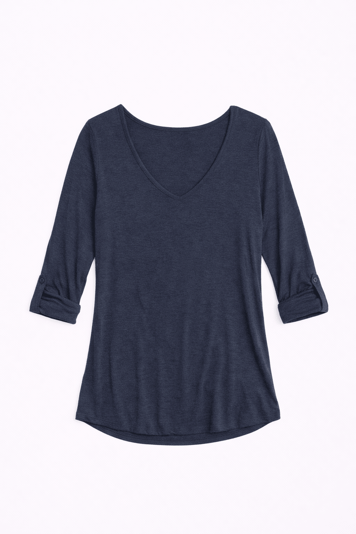 Dark Grey Stylish V-Neck Top with 3/4 Sleeves - Must Boutique