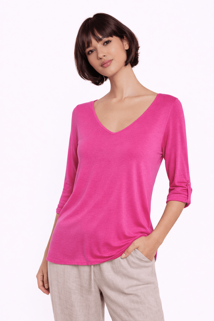 Fuchsia Stylish V-Neck Top with 3/4 Sleeves - Must Boutique