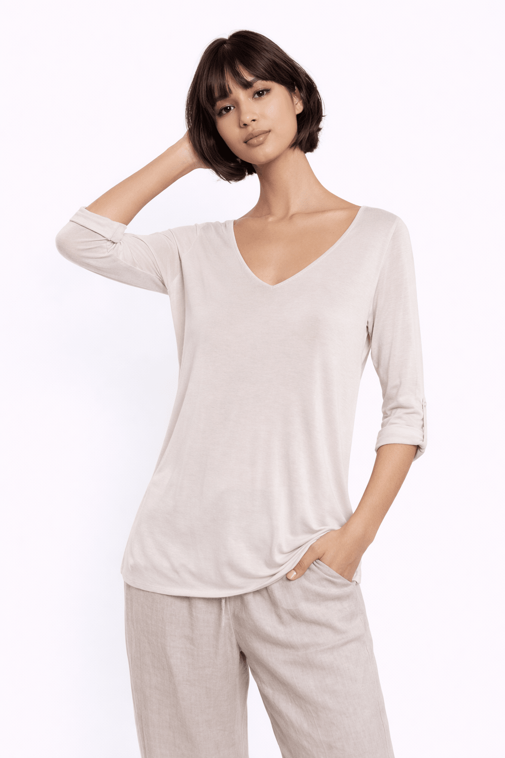 Light Beige Stylish V-Neck Top with 3/4 Sleeves - Must Boutique