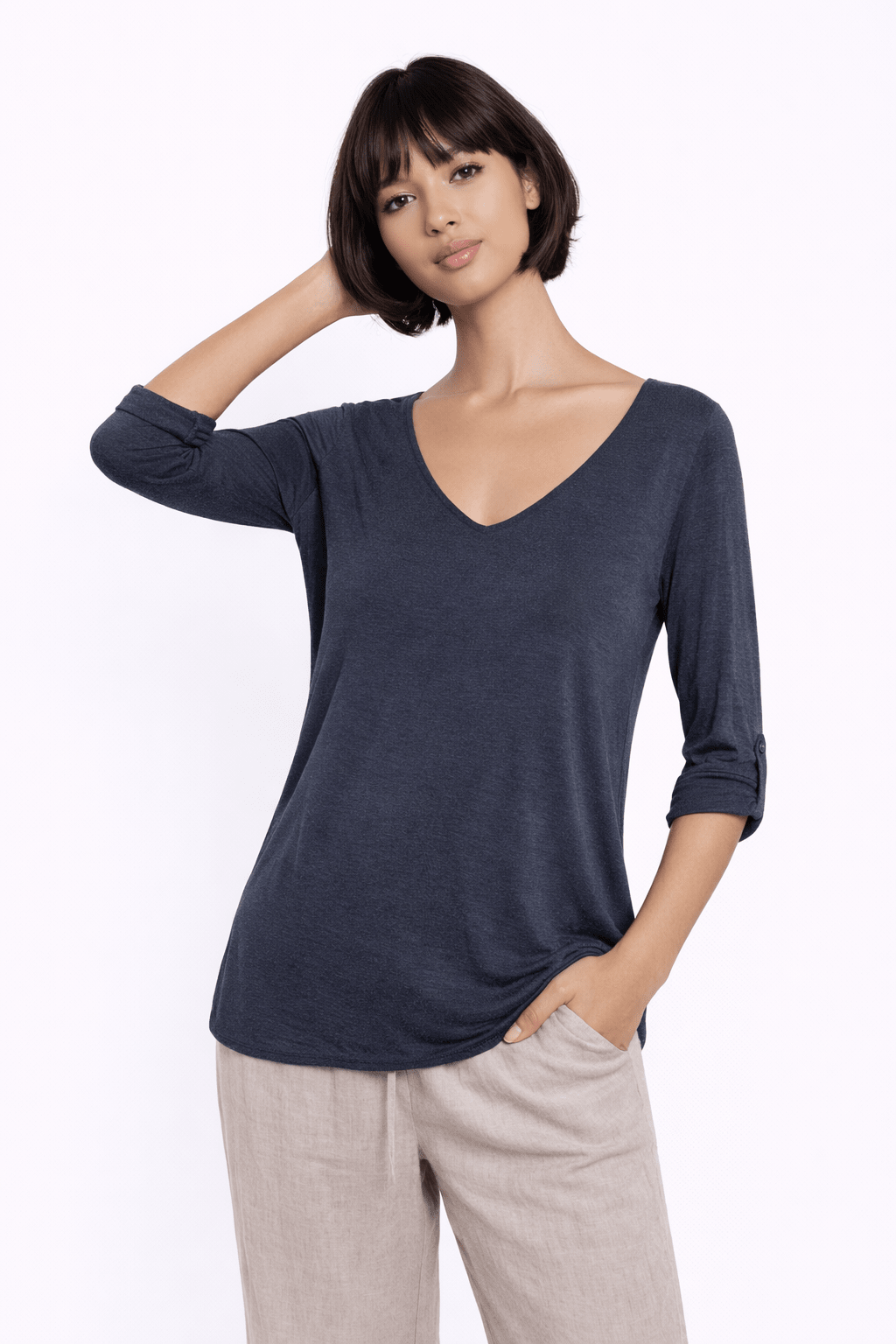 Dark Grey Stylish V-Neck Top with 3/4 Sleeves - Must Boutique