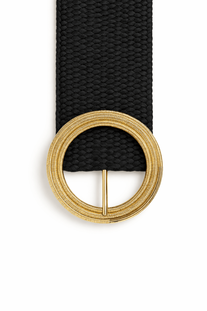 Woven Raffia Belt with Textured Gold Circle Buckle - Must Boutique