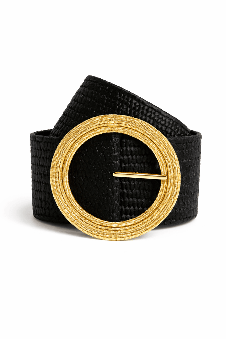 Woven Raffia Belt with Textured Gold Circle Buckle - Must Boutique