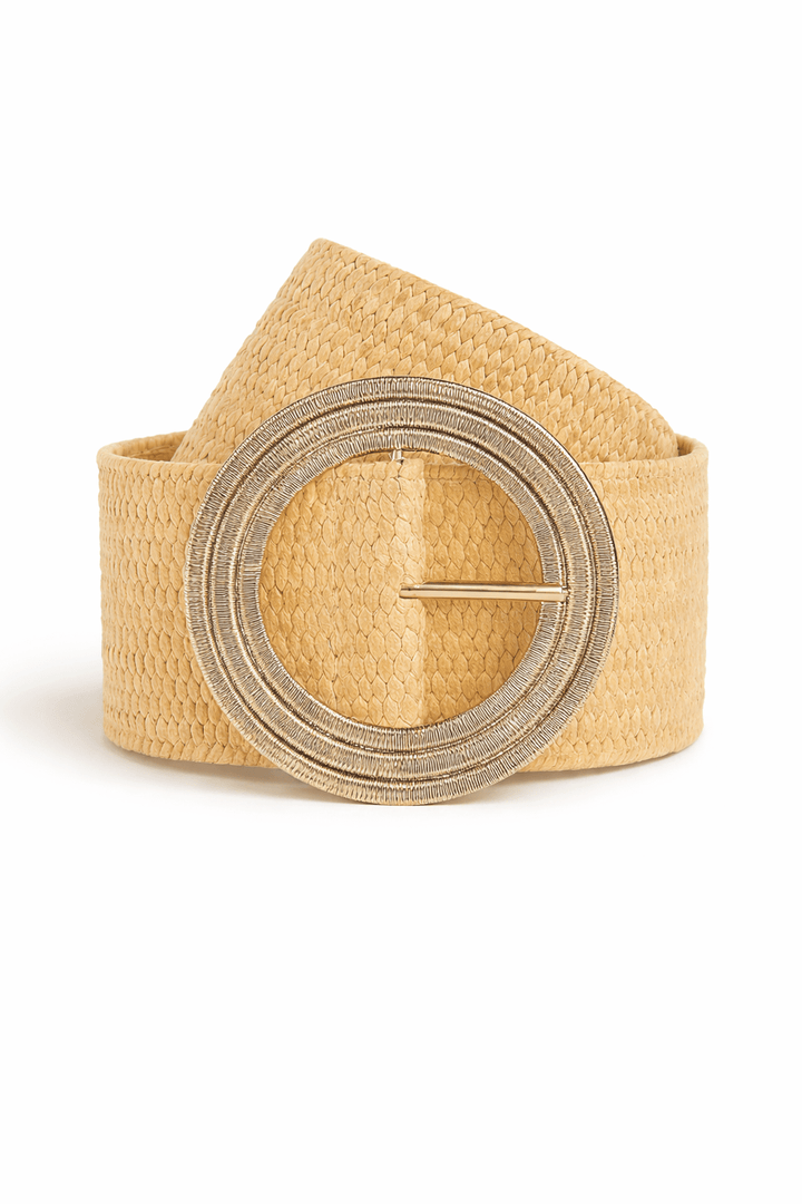 Woven Raffia Belt with Textured Gold Circle Buckle - Must Boutique