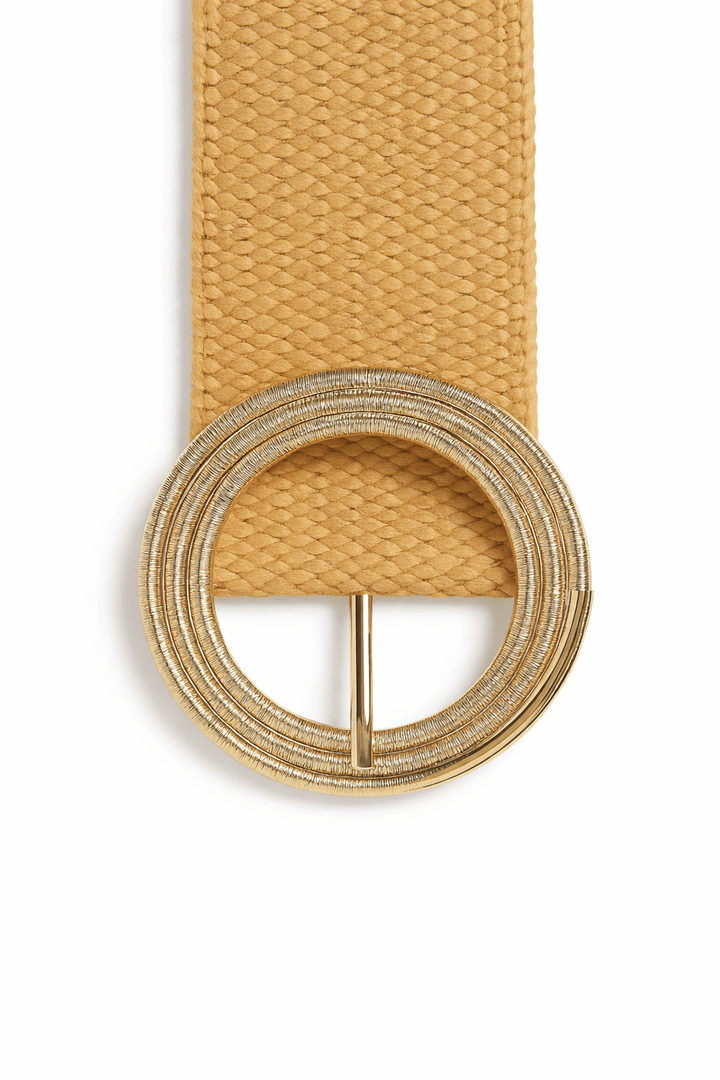 Woven Raffia Belt with Textured Gold Circle Buckle - Must Boutique