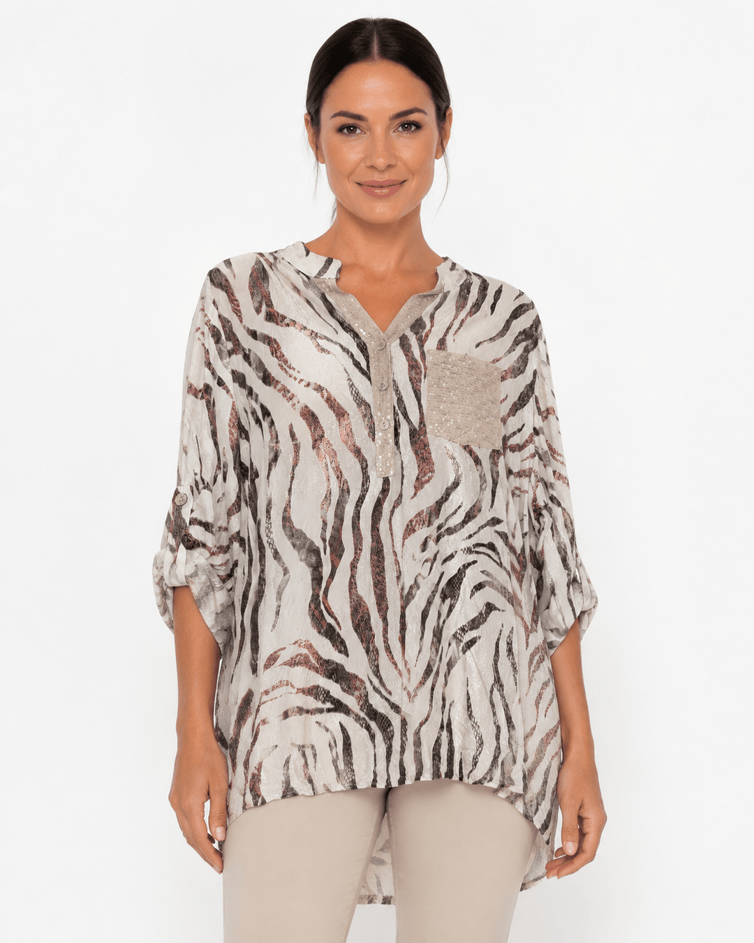 Zebra Print Mandarin Collar Shirt - Must Boutique