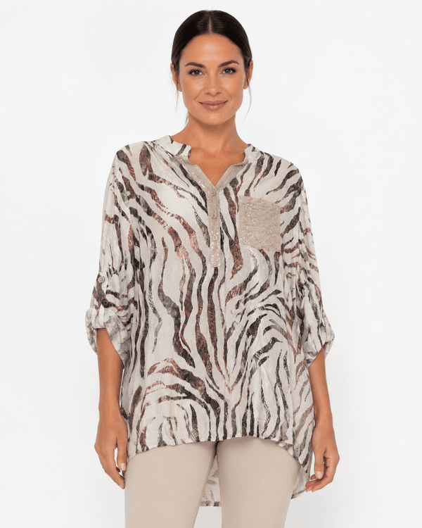 Zebra Print Mandarin Collar Shirt - Must Boutique